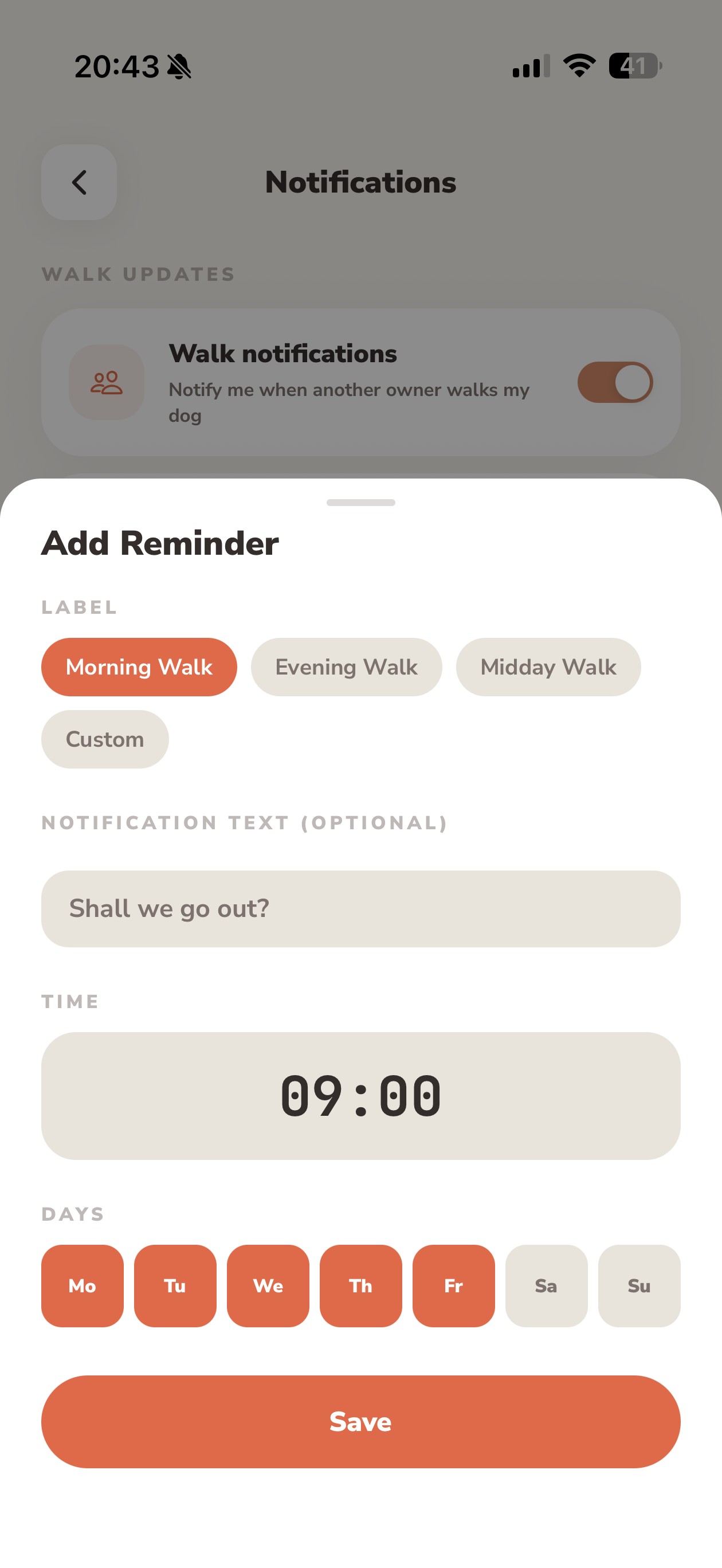 Lapka Add Reminder sheet with a morning walk at 9 AM on weekdays